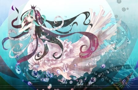 Hatsune Miku - summer, pink, anime, suu, girl, dress, blue, manga, mermaid, underwater