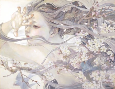 Spring - sakura, blossom, girl, flower, mihohirano, frumusete, fantasy, hand, woman, chalk, art, asian, luminos