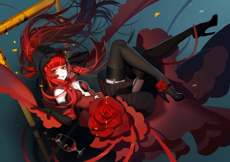 Girl - red, rose, black, anime, girl, blue, manga, shuaiaba, forever 7th capital