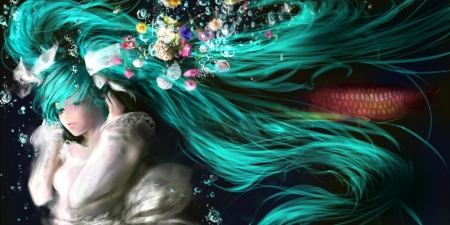 Hatsune Miku - tail, summer, flower, wind, bubbles, vocaloid, anime, manga, white, mermaid, hair, luminos, underwater, hatsune miku, green