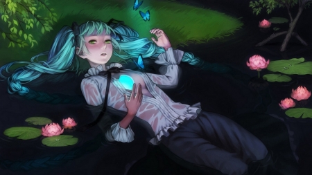 Hatsune Miku - lotus, anime, water, summer, blue, girl, hatsune miku, flower, pink, manga, green, lake, luminos