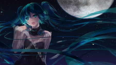 Hatsune Miku - moon, anime, vocaloid, summer, girl, hatsune miku, night, manga, wind, luminos, luna