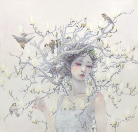 Spring song - bird, branch, girl, spring, mihohirano, tree, frumusete, fantasy, chalk, pasare, art, asian, luminos