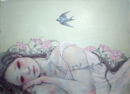 Dolce far' niente - bird, furmusete, girl, spring, flower, pink, mihohirano, fantasy, ink, swallow, morning glory, chalk, pasare, art, asian, luminos