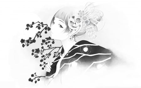 Geisha - black, manga, anime, geisha, girl, bw, kimono, art