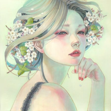 Beauty - face, flower, spring, blossom, sakura, girl, frumusete, art, mihohirano, fantasy, chalk, hand, asian, luminos