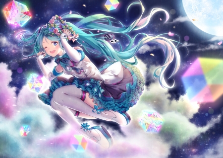 Hatsune Miku - moon, anime, vocaloid, kyashii, girl, night, manga, miku, hatsune, luna