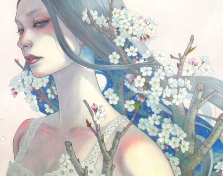 Spring beauty - flower, blossom, sakura, girl, blue, art, mihohirano, white, fantasy, chalk, branch, asian, luminos, woman