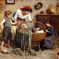 Idyllic family scene with newborn