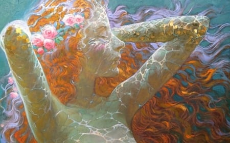 Mermaid - summer, girl, flower, pink, orange, pictura, fantasy, wreath, redhead, mermaid, underwater, victor nizovtsev, painting, art, luminos