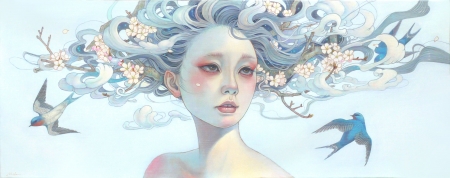 Spring beauty - bird, blue, girl, flower, hair, mihohirano, frumusete, fantasy, white, swallow, chalk, pasare, face, asian, luminos