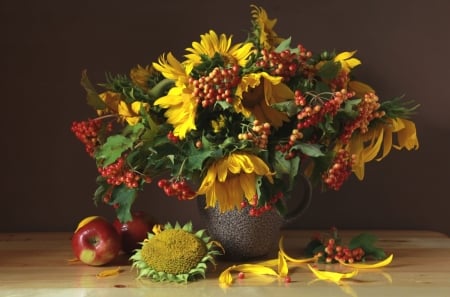 Still Life - bouquet, apple, vase, sunflowers