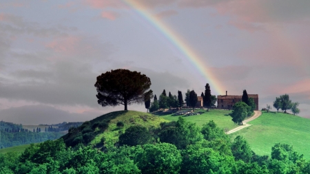 Rainbow Over a Tuscan Farm - nature, rainbow, farm, trees, tuscan