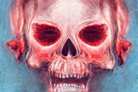 Pink skull - red eyes, ruslankadiev, fantasy, pink, blue, skull, art