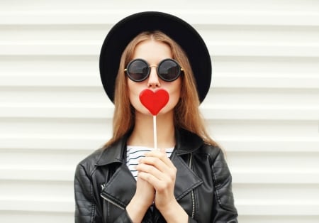 :) - hat, heart, girl, sweet, black, lollipop, hand, red, valentine, woman, model, kiss, sunglasses, candy