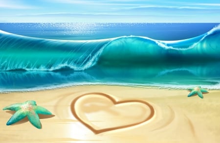 I love Summer! - summer, water, beach, blue, sand, wave, heart, starfish, sea