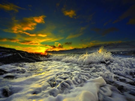 Dancing Waves at Sunset - nature, ocean, clouds, sunset, waves