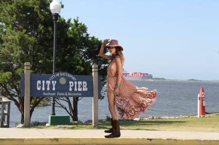 Southport Cowgirl. . - fun, female, boots, beach, fashion, hats, brunettes, western, Southport, cowgirl, style, women, models, ocean, girls, outdoors, ships