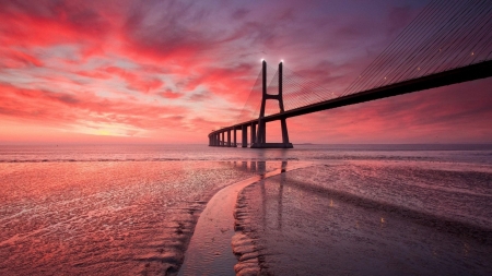 Glorious Pink Bridge Sunset - nature, sky, pink, clouds, sunset, sea, bridge