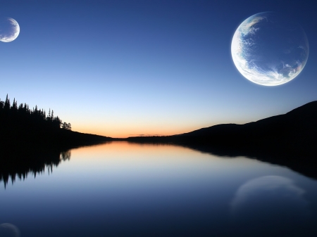 Perfect Reflection on Lake - moon, trees, nature, lake, forest, reflection