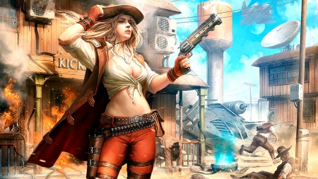 Kicking Cowgirl. . - anime, female, hats, western, cowgirl, pistol, women, holster, digital art, 3D, cowboys, girls, fantasy, outdoors, NRA, blondes, ranch