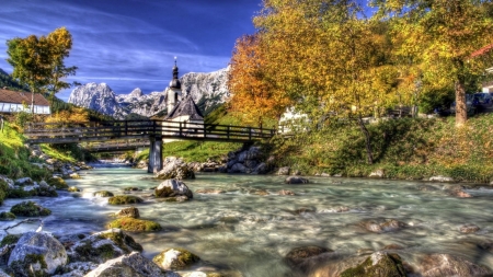 Glorious River and Bridge - nature, trees, mountain, river, bridge