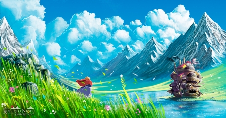 Beautiful place to stop for a while - movie, mountains, fantasy, cg, nature, abstract, howls moving castle, beautiful, digital, grass