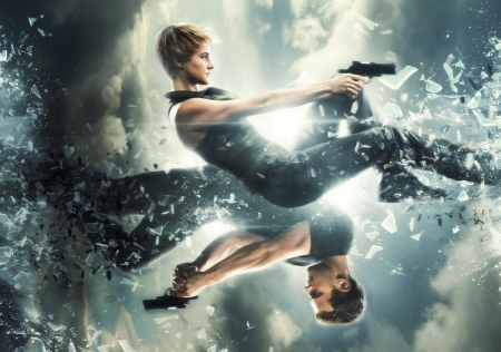 Insurgent (2015) - gun, theo james, actress, couple, girl, movie, fantasy, poster, shailene woodley, saga, man, blue, actor, insurgent, divergent