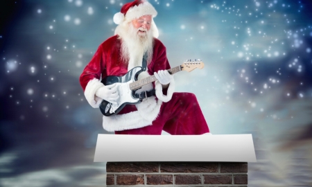 Christmas serenade - craciun, guitar, winter, instrument, funny, old man, christmas, santa, roof, serenade