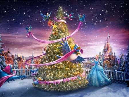 Merry Christmas! - princess, craciun, girl, magical, fantasy, pasare, bird, christmas, pink, luminos, blue, cinderella, disney, tree