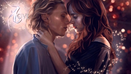 Jace and Clary - actor, angel, pink, actress, fantasy, Lily Collins, movie, kiss, Jamie Campbell Bower, couple, art, the mortal instruments, city of bones, luminos, lovers