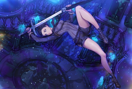 Fighter - kankito, fighter, purple, anime, girl, night, blue, manga