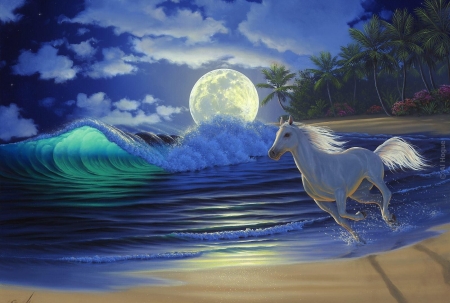 Running on the beach - moon, water, al hogue, summer, running, blue, beach, sea, horse, pictura, white, painting, art, luminos, luna