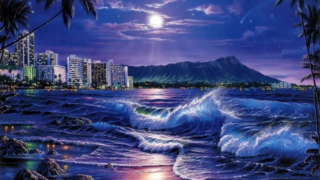 Moonlight - moon, beach, christian riese lassen, night, water, summer, wave, painting, art, pink, luminos, blue, pictura, luna, sea