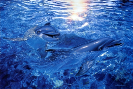 Moonlight - water, christian riese lassen, summer, blue, dolphin, sea, reflection, pictura, white, painting, art, luminos