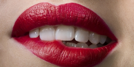 Red - woman, mouth, lips, red, biting, lipstick