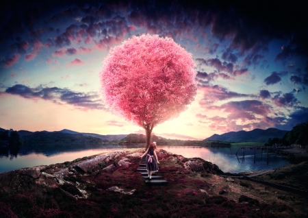 The Paradise Tree - girl, pink, luminos, future, tree, fantasy