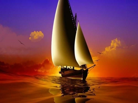 Sunset sailing - cloud, colorful, sunset, sea, boat