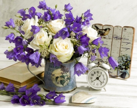 Still life - heart, clock, books, can, flowers, still life, vase