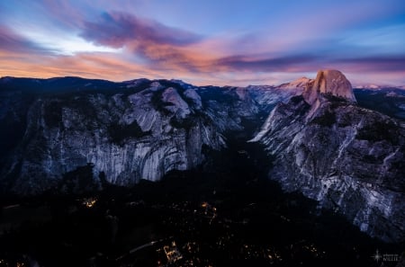 High Above Yosemite Valley - california, sky, landscape, clouds, river, sunset