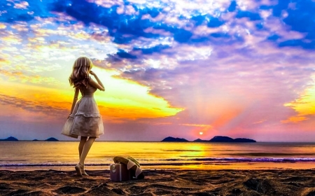 Watching the sunset - hat, Summer, sunset, beach, girl, sand