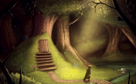 Forest - forest, door, steps, tree, grass, fantasy