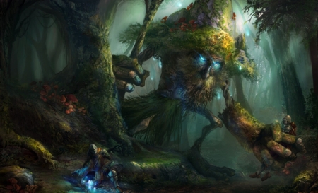 Forest Guardian - abstract, art, enchanted forest, warrior, digital, fantasy