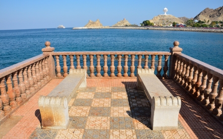 Promenade - ship, benches, sea, terrace, rocks