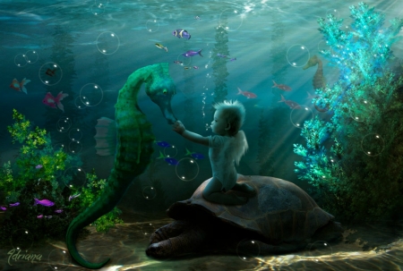 Water Universe - turtle, summer, blue, boy, fantasy, universe, underwater, seahorse, fish, luminos