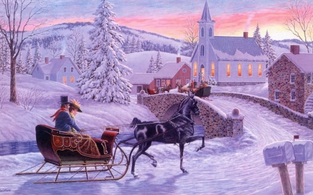 Winter - winter, painting, art, purple, horse, walk, luminos, pink, snow, pictura