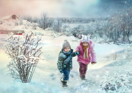 Winter - copil, winter, pink, blue, children, fantasy, luminos, couple, snow, haizy