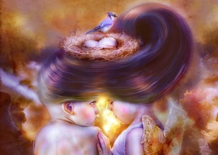 The connection - bird, yellow, thegirlcansmile, girl, children, copil, boy, fantasy, purple, nest, cute, couple, luminos