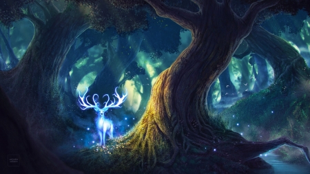 White deer - forest, yellow, luminos, blue, tree, deer, fantasy