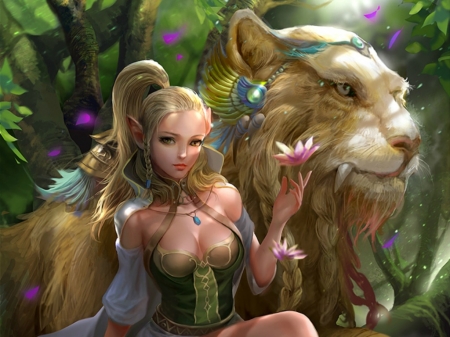 Forest elf and beast - elf, girl, lion, beast, luminos, green, derricksong, fantasy